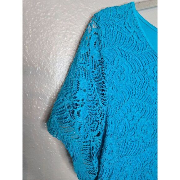 Leo & Nicole Women's Blue Crochet Overlay Cotton Blend Short Sleeve Top Medium - Picture 5 of 7